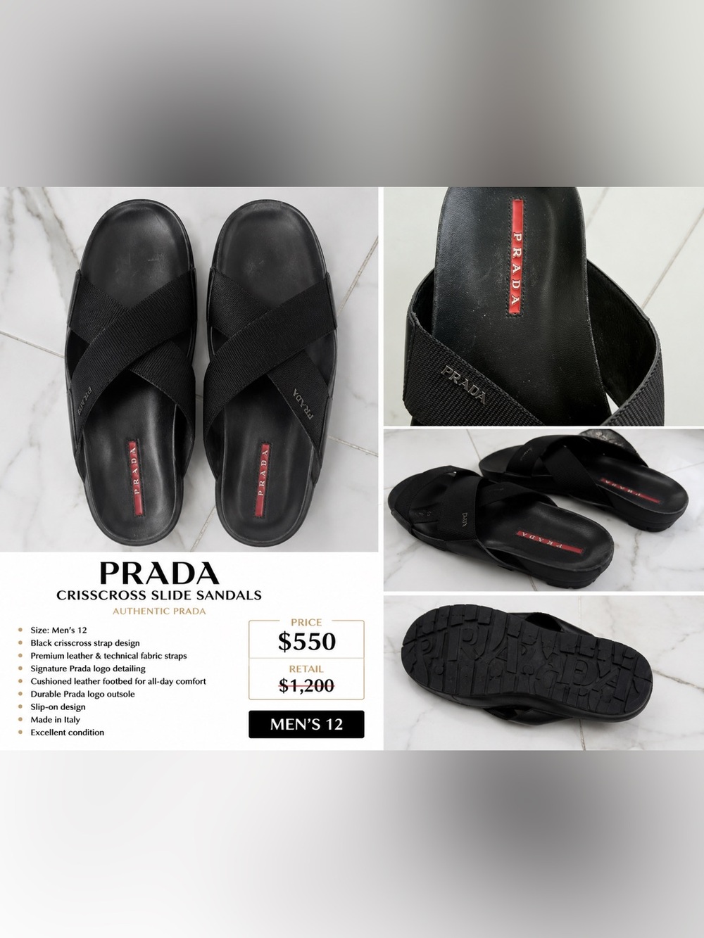 Prada Black Cross-Strap Men's Slide Sandals with Red Logo